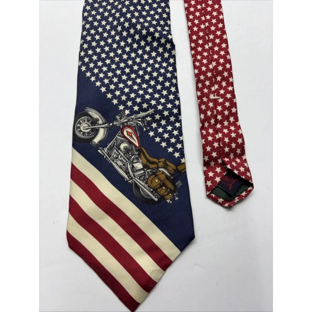 Vtg Tommy Hilfiger Necktie Stars Stripes Motorcycle Americana 100% Silk Made USA